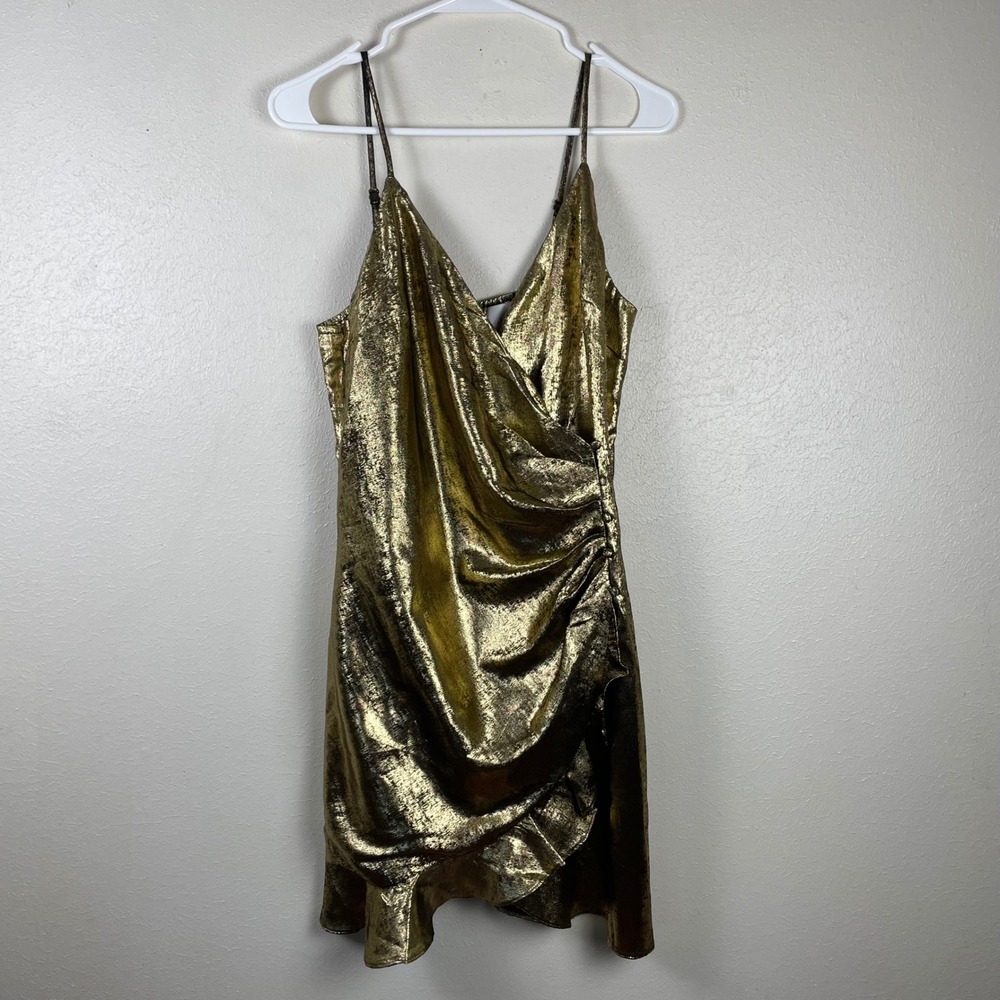 JOA Gold Metallic Faux Wrap Mini Dress Ruffle Hem Party Cocktail BC9264 Womens M